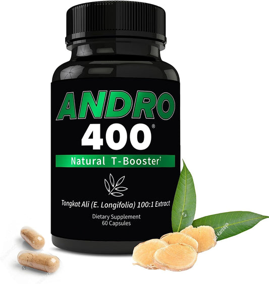 Andro400 bottle with Tongkat Ali 100:1 extract highlights daily vitality and potency.