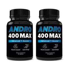 Andro400 Max bottle showing the advanced T-support blend for daily vitality and circulation.