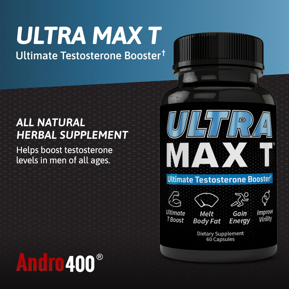 Andro400 Ultra Max T bottle beside measuring spoon for metabolism hints.