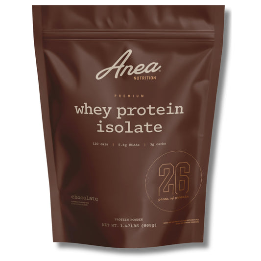 Anea Whey Protein Isolate chocolate tub front for lean recovery