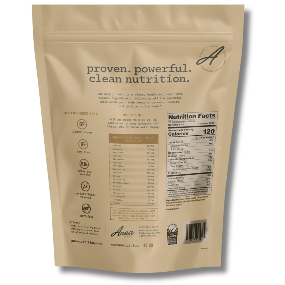 Anea Whey Protein Isolate Vanilla shake in a glass, ideal for daily protein goals.