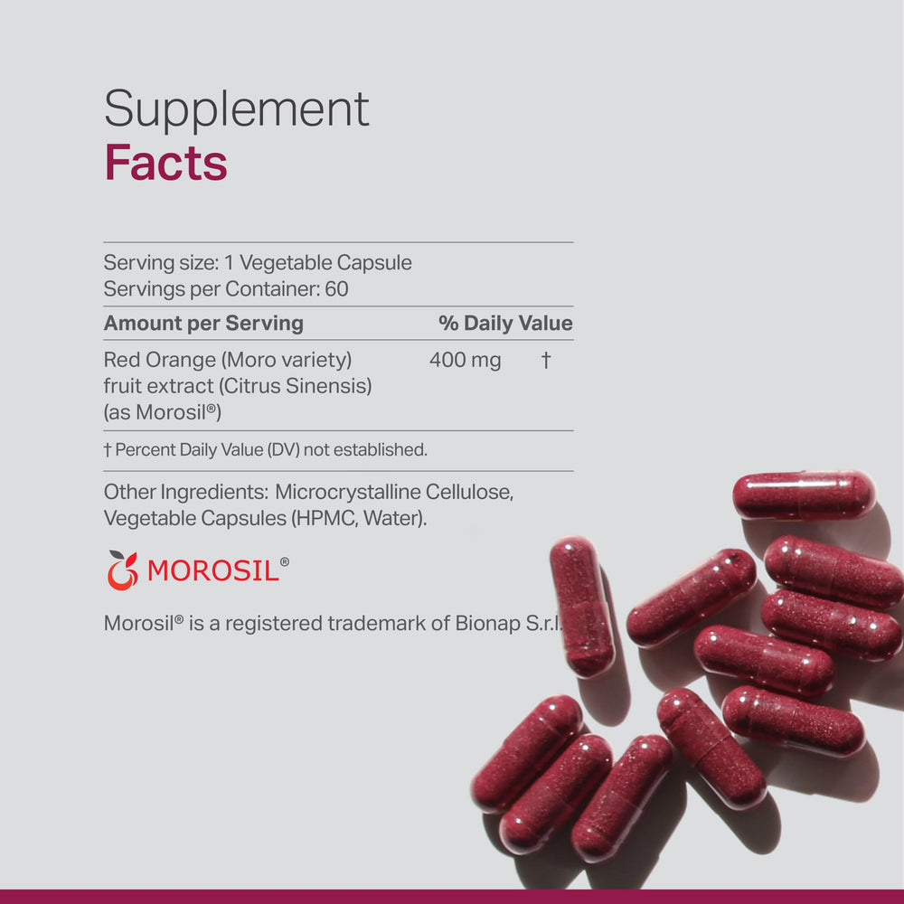 Close-up of the Morosil bottle label showing premium Moro Red Orange extract.