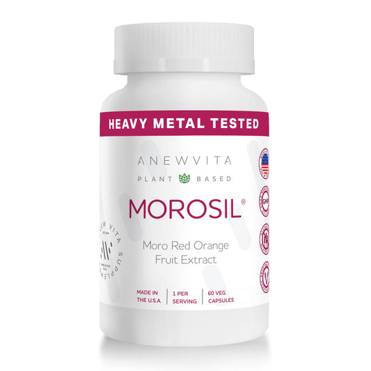 The Anew Vita Morosil bottle packaging highlights a gluten-free, non-GMO wellness supplement.