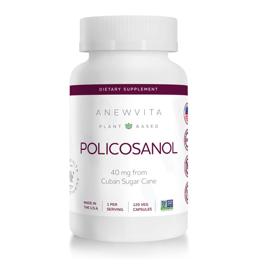 Anew Vita Policosanol bottle showing Cuban sugarcane extract for lipid balance.