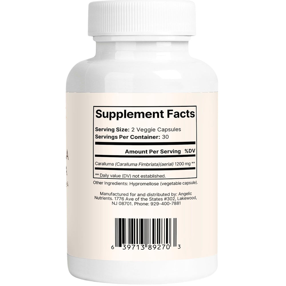Angelic Nutrients Caralluma Fimbriata vegan capsules in clean design for wellness.