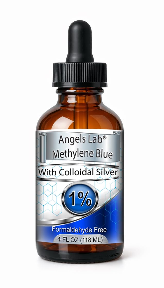 Angels Lab New Methylene Blue Colloidal Silver bottle; supports clean environment and cognitive wellness.