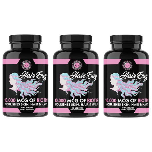 Angry Supplements Hair Envy bottle with capsules promotes vitality.