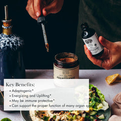 Anima Mundi Adaptogenic 7 Mushroom Drops label closeup featuring Reishi and Lion’s Mane for immune-support insights.