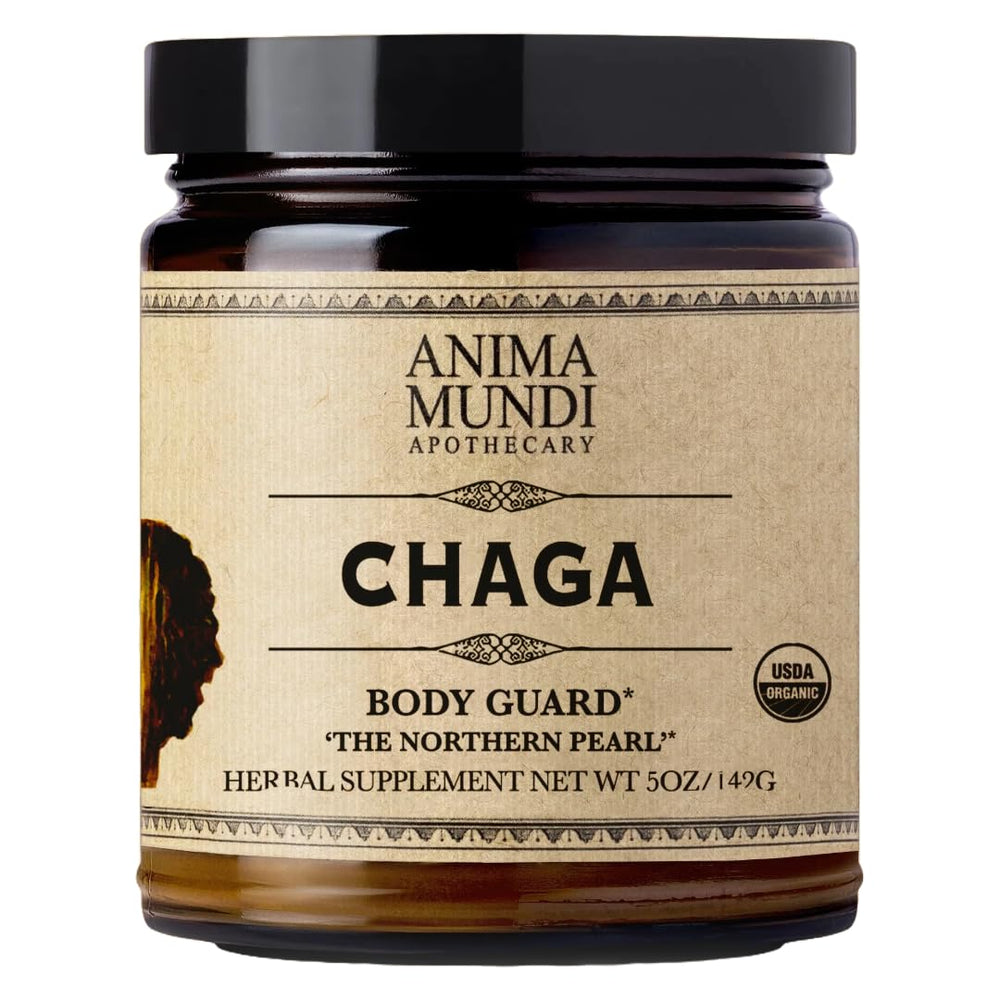 Anima Mundi Chaga powder tub closeup for smoothies and warm beverages.