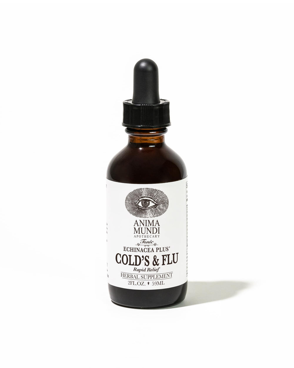 Anima Mundi Apothecary Cold's & Flu Tonic bottle on a wooden table, supports daily immune wellness.