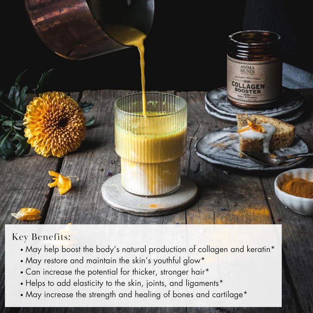 Anima Mundi Apothecary vegan collagen powder scoop shown beside the bottle for easy daily use.