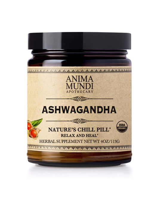 Anima Mundi Ashwagandha Powder bottle showcasing organic root extract for daily calm.