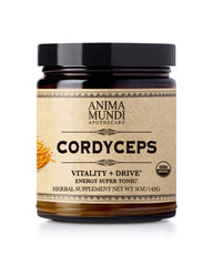 Anima Mundi Cordyceps powder bottle on shelf for daily energy-boosting use.