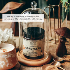 Cordyceps powder close-up showing organic texture and premium packaging.