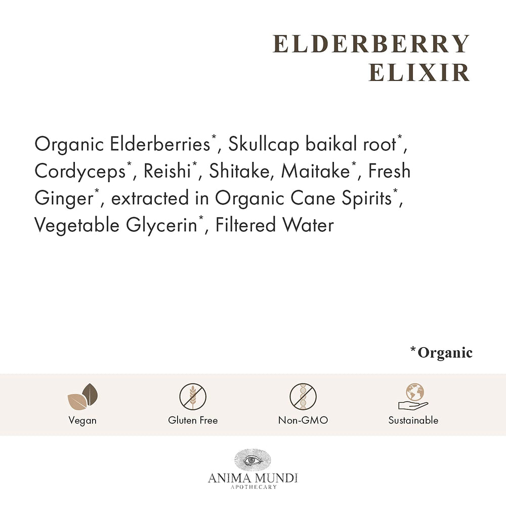 Anima Mundi elderberry syrup with wooden scoop for daily dosing.