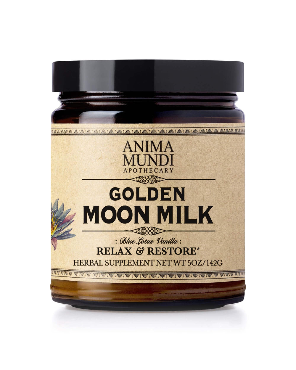 Anima Mundi Golden Moon Milk packaging shows a calm, plant-based wellness ritual.