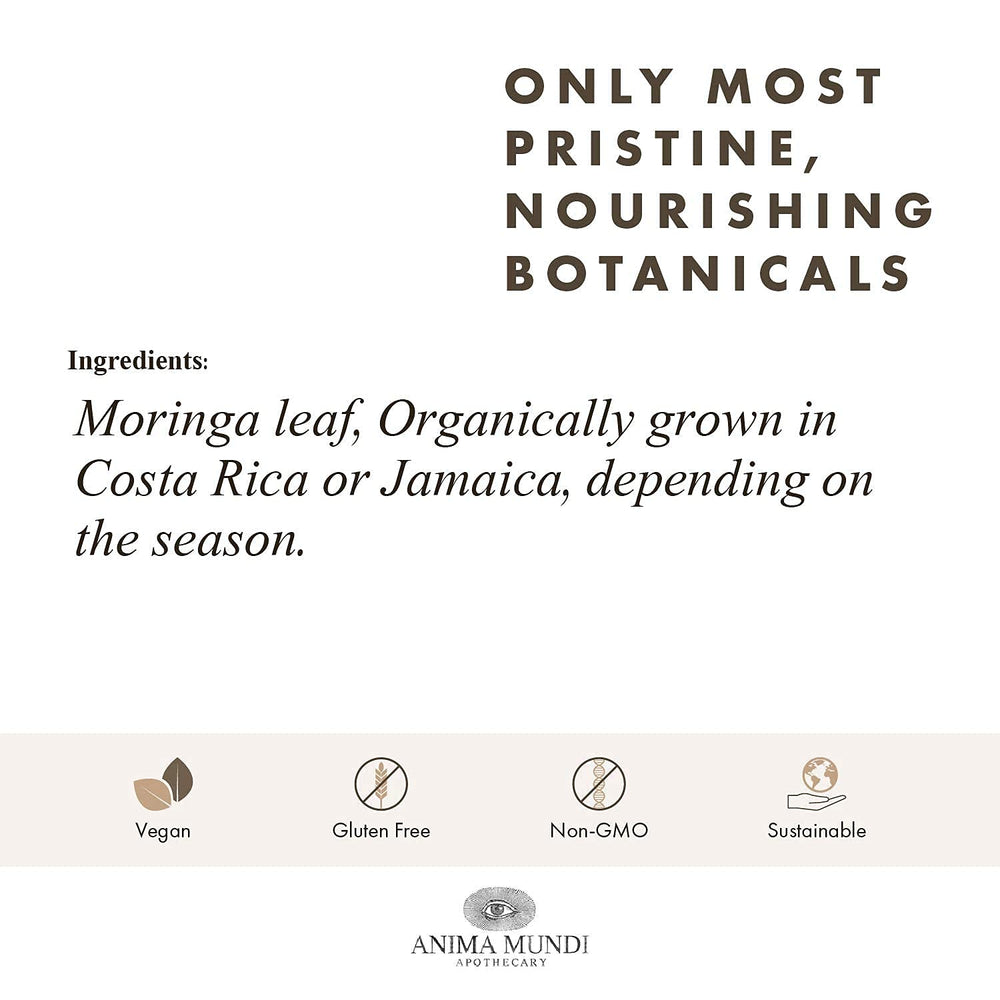 Anima Mundi Moringa Leaf Powder label communicates organic, non GMO credentials.