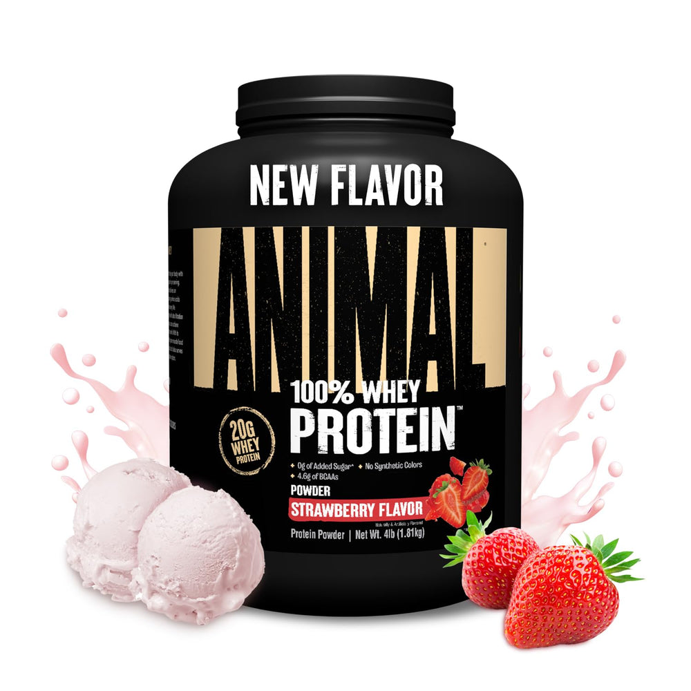 Animal 100% Whey Strawberry bottle pour shows easy mixing and on-the-go protein access.