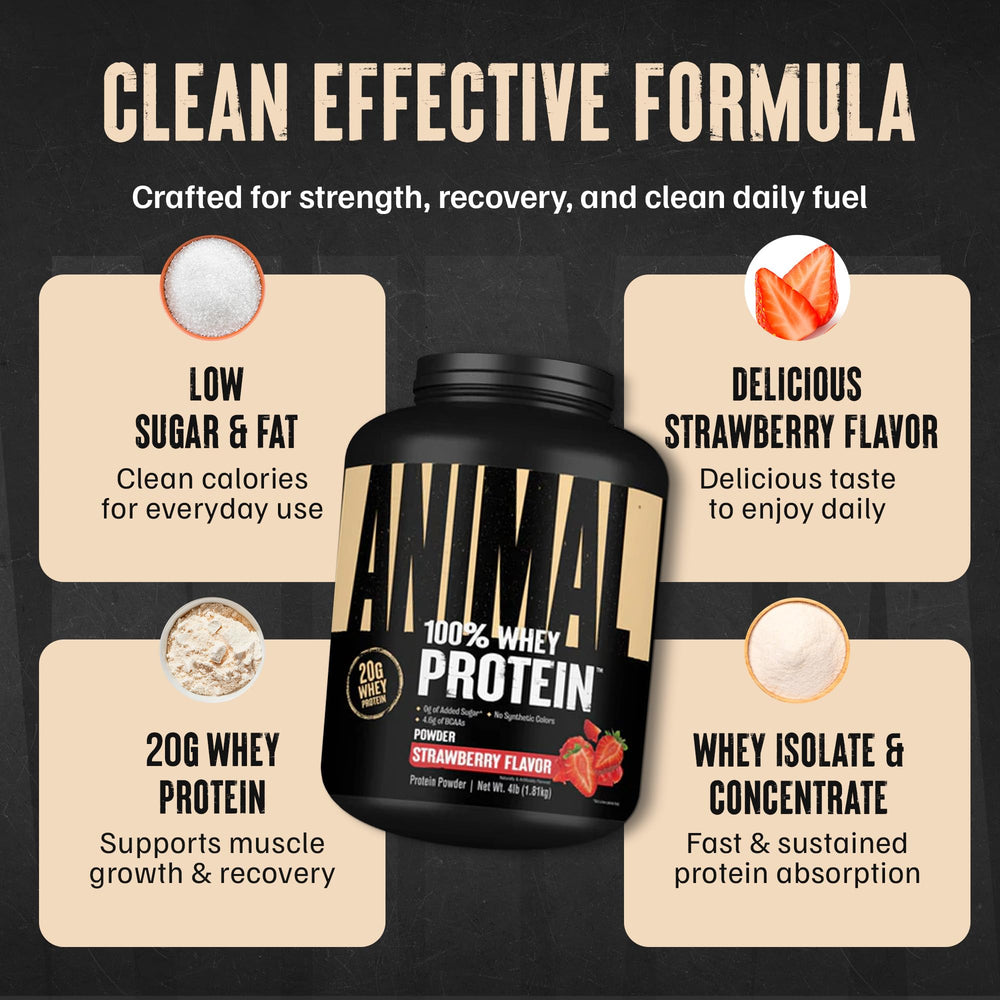 Animal 100% Whey Strawberry texture close-up shows creamy consistency.