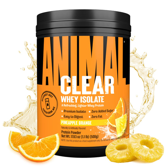 Animal Clear Whey Isolate pineapple orange bottle, refreshing post-workout drink.