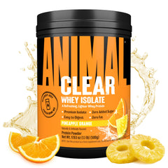 Animal Clear Whey Isolate pineapple orange bottle, refreshing post-workout drink.