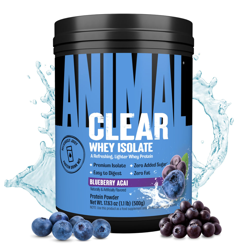 Animal Clear Whey Isolate bottle pour, refreshing post-workout option with 5g BCAA