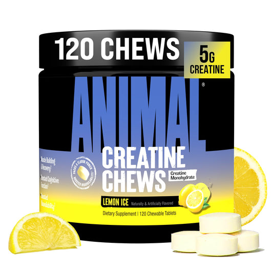 Animal Creatine Chews Lemon Ice bottle showing convenient chewables for workouts.