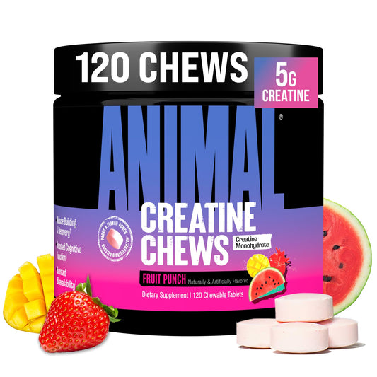 Animal Creatine Chews tablets in tub for gym-ready convenience.