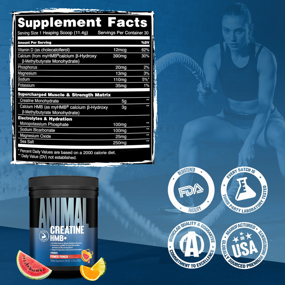 Animal Creatine HMB Powder served pre-workout by an athlete demonstrating energy focus.