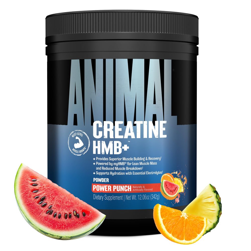 Animal Creatine HMB Powder bottle showcases Power Punch flavor for daily energy support.