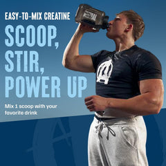 Dissolving Animal Creatine HMB Powder with a spoon into beverage