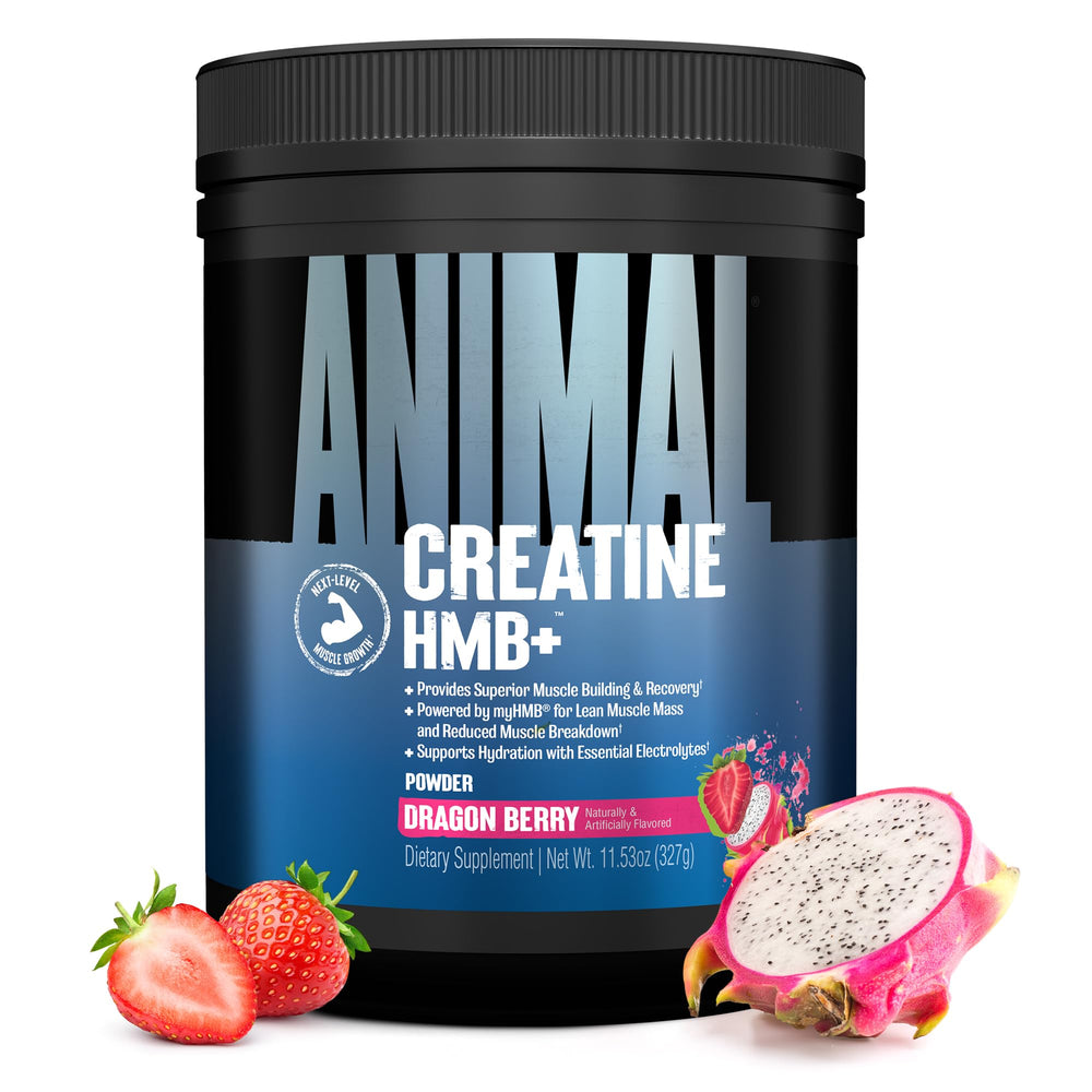 Animal Creatine HMB Powder dragon berry packaging signals daily strength and recovery support.