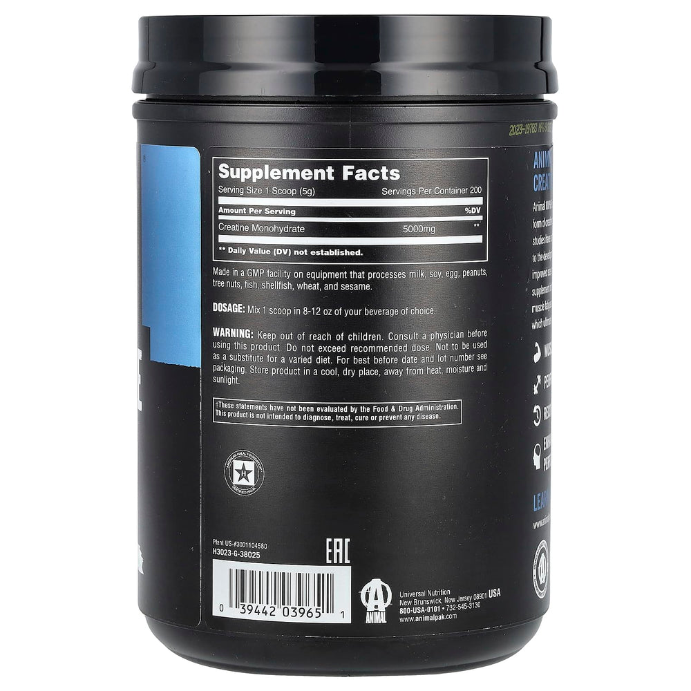 Animal Creatine Micronized powder scoop demonstrating serving; convenient daily training support.