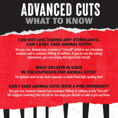 Animal Cuts ingredient highlights including tyrosine, caffeine, and green tea.