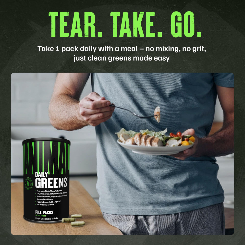 Animal Daily Greens capsules close-up showing easy-to-swallow design