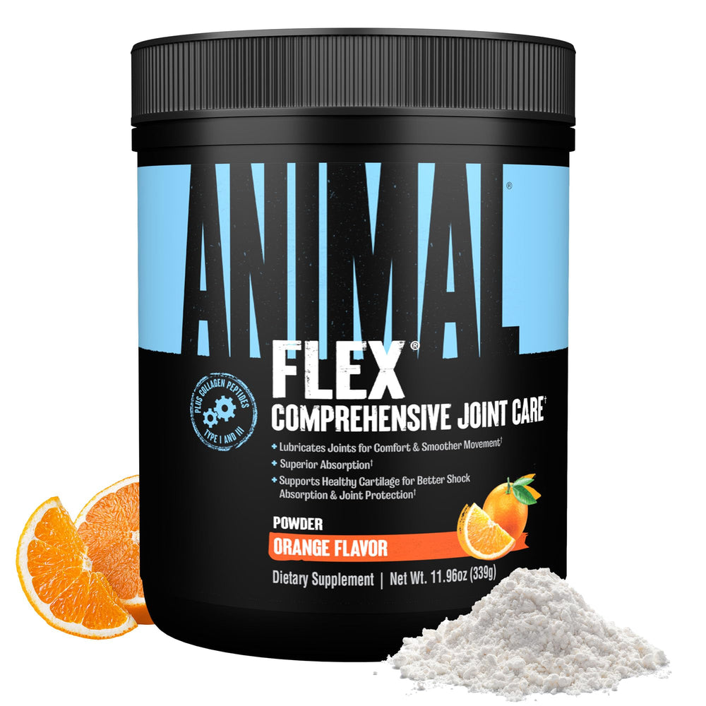 Animal Flex powder in orange flavor tub ready to mix for daily joint support