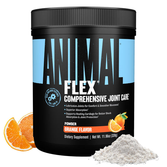 Animal Flex powder in orange flavor tub ready to mix for daily joint support
