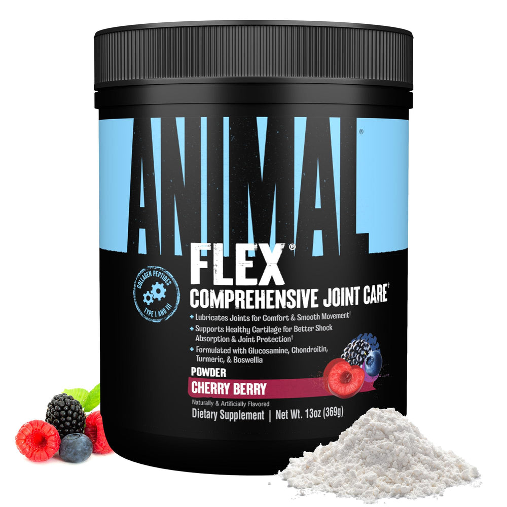 Animal Flex Powder scoop in a glass shows easy daily joint support.