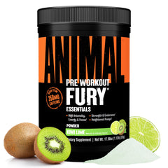 Animal Fury kiwi lime bottle highlights high-stim energy and focus for workouts.