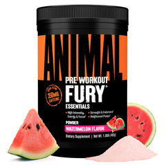 Animal Fury watermelon tub with scoop showing convenient pre-workout energy boost