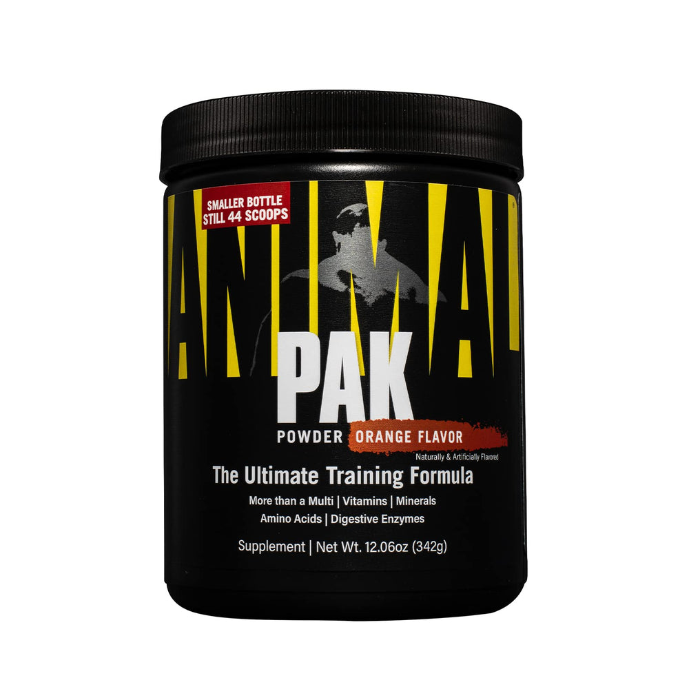 Animal Pak orange crushed powder in glass for daily nutrition support