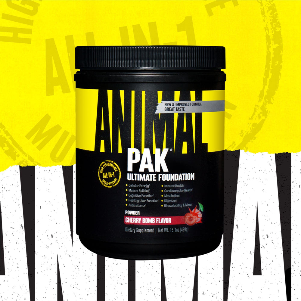 Animal Pak tub with scoop demonstrates convenient powder format for workouts.