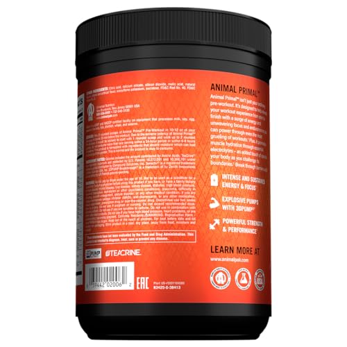 Close-up of Animal Primal label highlighting key ingredients and caffeine