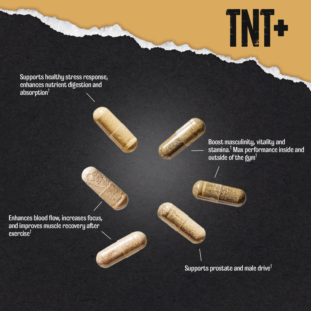 Animal TNT+ bottle label highlights fenugreek, tribulus and adaptogens for daily stamina