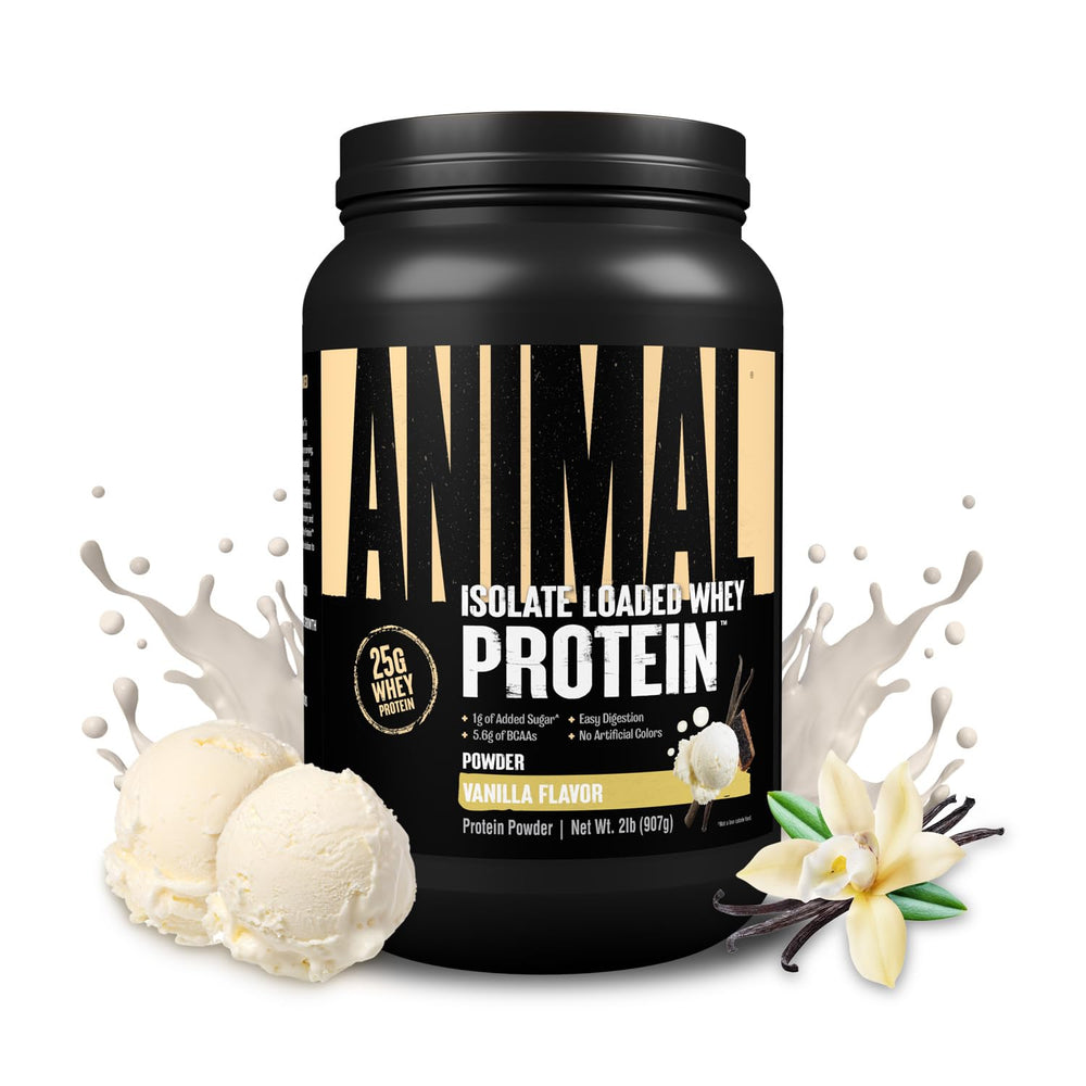 Animal Whey Isolate bottle label highlights premium protein for muscle recovery.