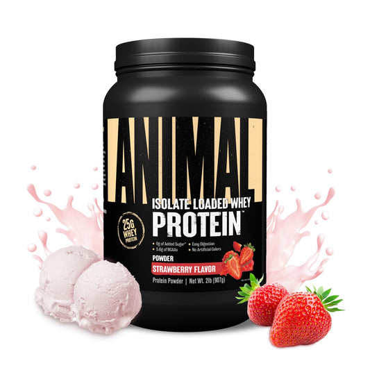 Animal Whey Isolate bottle label highlighting 25g protein per serving.