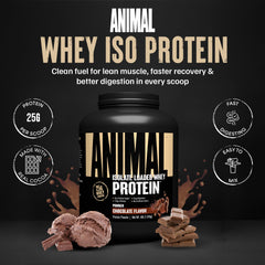 Animal Whey Isolate chocolate canister on shelf highlighting 4 lb supply