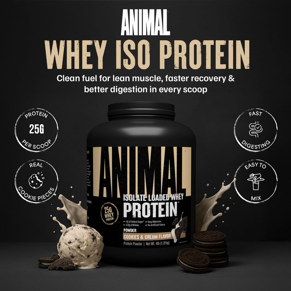 Animal Whey Isolate Cookies & Cream flavor, tasty shake option