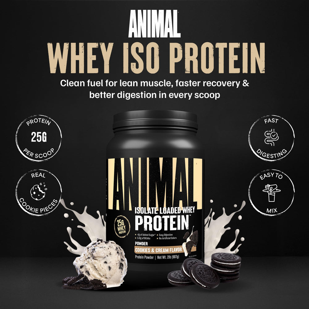 Animal Whey Isolate scoop beside powder ready for a quick post workout shake