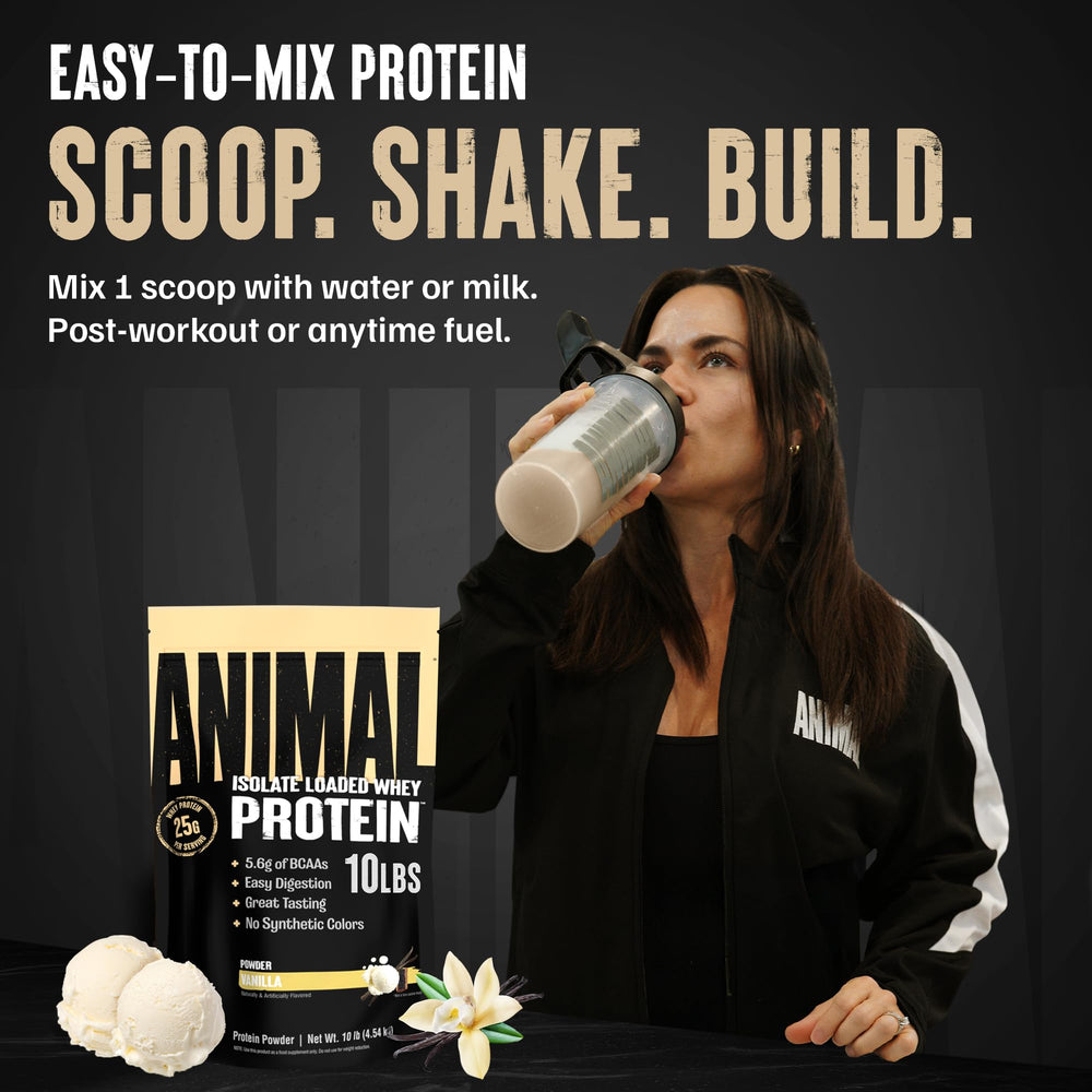 Animal Whey Isolate stirring in shaker, smooth mix with no clumps.